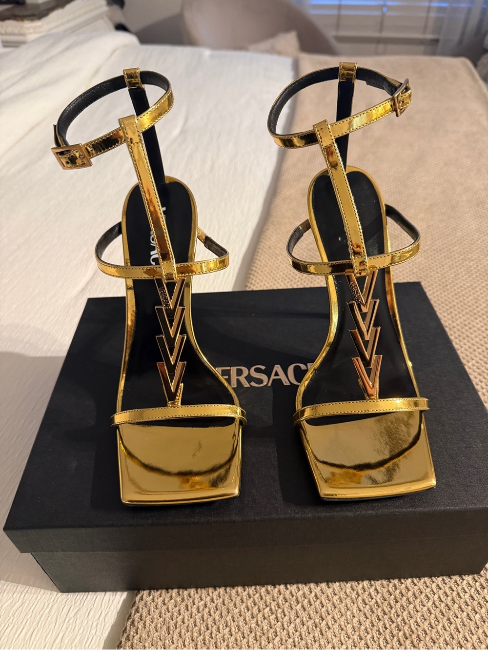 Versace Gold Patent T-Strap Square-Toe High Heels